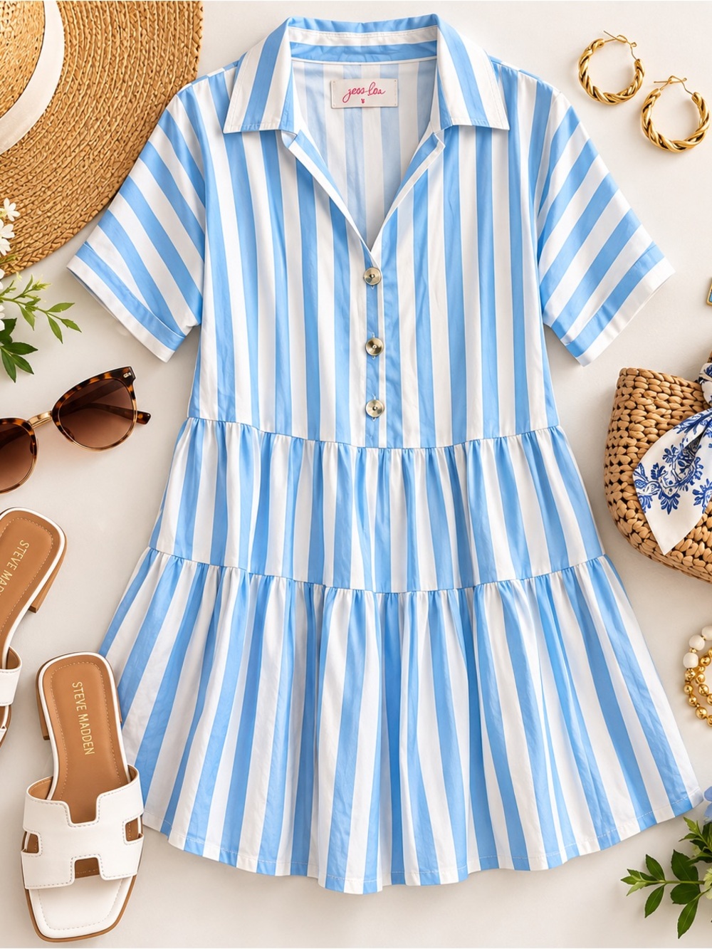 Jess Lea Blue & White Striped Short-Sleeve Tiered Midi Dress